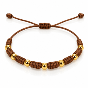 Pulsera café con nudos y cuentas doradas