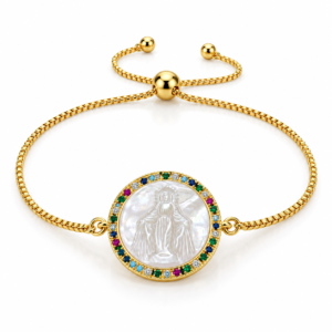 Pulsera dorada con medalla blanca multicolor