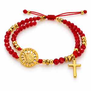 Pulsera roja de doble vuelta con cruz