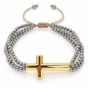 Pulsera plateada de varias hileras con cruz