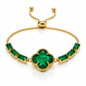 Pulsera dorada con trébol y rectángulos verdes