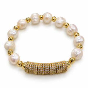 Pulsera blanca con barra curva dorada