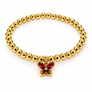 Pulsera dorada con mariposa roja