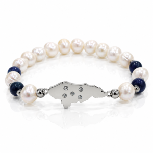 Pulsera blanca y azul con mapa plateado