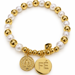 Pulsera blanca y dorada con dijes de fe