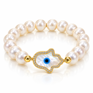 Pulsera blanca con mano y ojo azul brillante