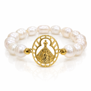 Pulsera blanca con medalla religiosa calada