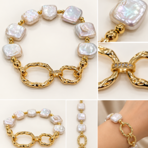 Pulsera blanca con aros dorados abiertos