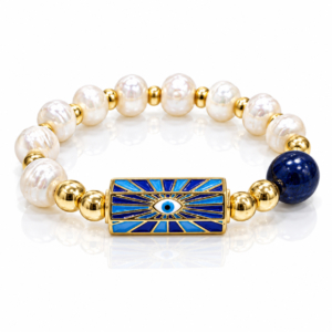 Pulsera blanca y azul con placa de ojo decorada