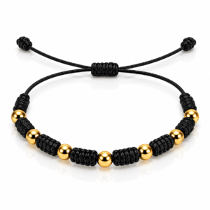 Pulsera negra de nudos y cuentas doradas