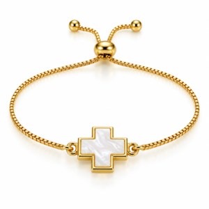 Pulsera dorada con cruz blanca