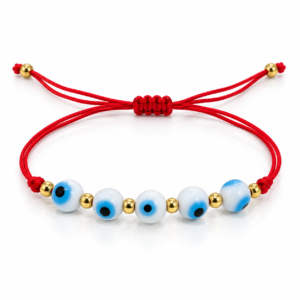 Pulsera roja con ojos celestes