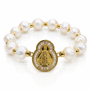 Pulsera blanca con medalla religiosa doble óvalo