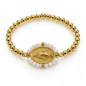 Pulsera dorada con medalla ovalada y marco blanco