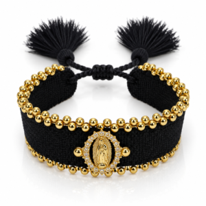 Pulsera tejida negra con medalla dorada