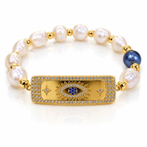 Pulsera blanca y azul con placa de ojo dorada
