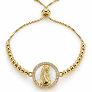 Pulsera dorada con medalla religiosa redonda