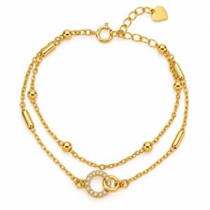 Pulsera dorada doble con aros entrelazados y circonias