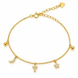 Pulsera dorada con dijes de luna, cruz y estrella