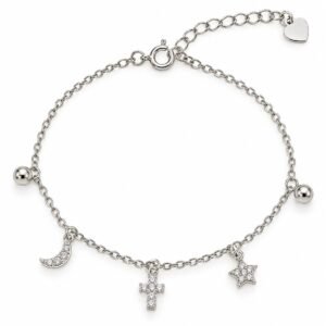 Pulsera plateada con dijes de luna, cruz y estrella