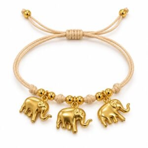 Pulsera beige ajustable con tres elefantes dorados