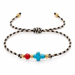 Pulsera trenzada ajustable con cruz azul y cuenta roja