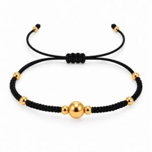 Pulsera negra ajustable tejida con esferas doradas
