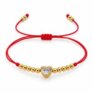Pulsera roja ajustable con corazón dorado y circonia
