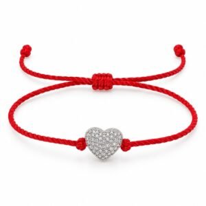 Pulsera roja ajustable con corazón plateado y circonias