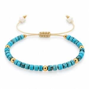 Pulsera ajustable de cuentas azul turquesa y detalles dorados
