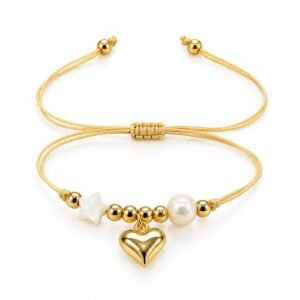 Pulsera ajustable beige con estrella blanca y corazón dorado