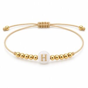 Pulsera Ajustable con Inicial y Cuentas Doradas