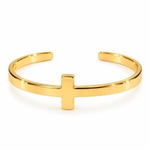 Pulsera rígida dorada abierta con cruz lisa