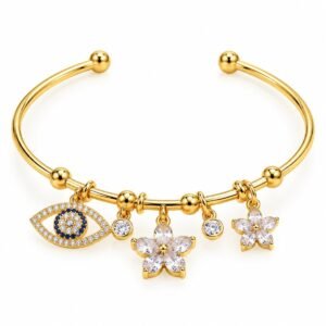 Pulsera rígida dorada con ojo protector y flores colgantes