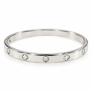 Pulsera rígida plateada con circonias y tréboles