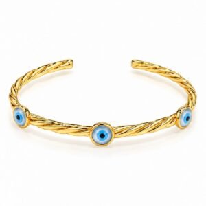 Pulsera abierta dorada trenzada con tres ojos turcos azules