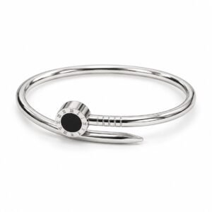 Pulsera rígida plateada estilo clavo con centro negro