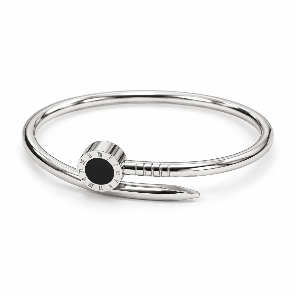 Pulsera rígida plateada estilo clavo con centro negro