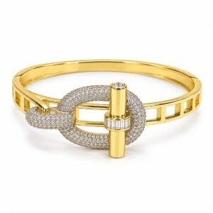Pulsera rígida dorada con eslabón ovalado y circonias
