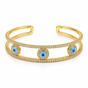 Pulsera rígida dorada de tres ojos turcos azules