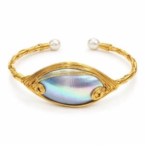 Pulsera abierta dorada con centro iridiscente