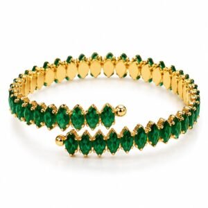 Pulsera abierta dorada con doble hilera de circonias verdes