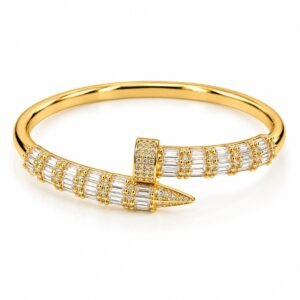 Pulsera rígida dorada tipo clavo con circonias rectangulares