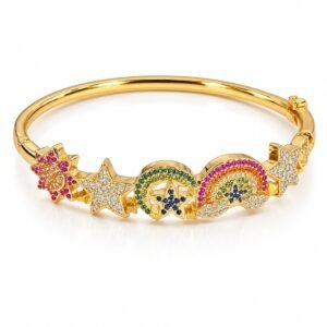 Pulsera rígida dorada con arcoíris y estrellas de circonias