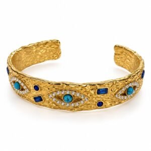Brazalete dorado con ojos turquesa y circonias azules