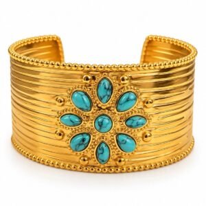 Brazalete dorado ancho con flor azul turquesa