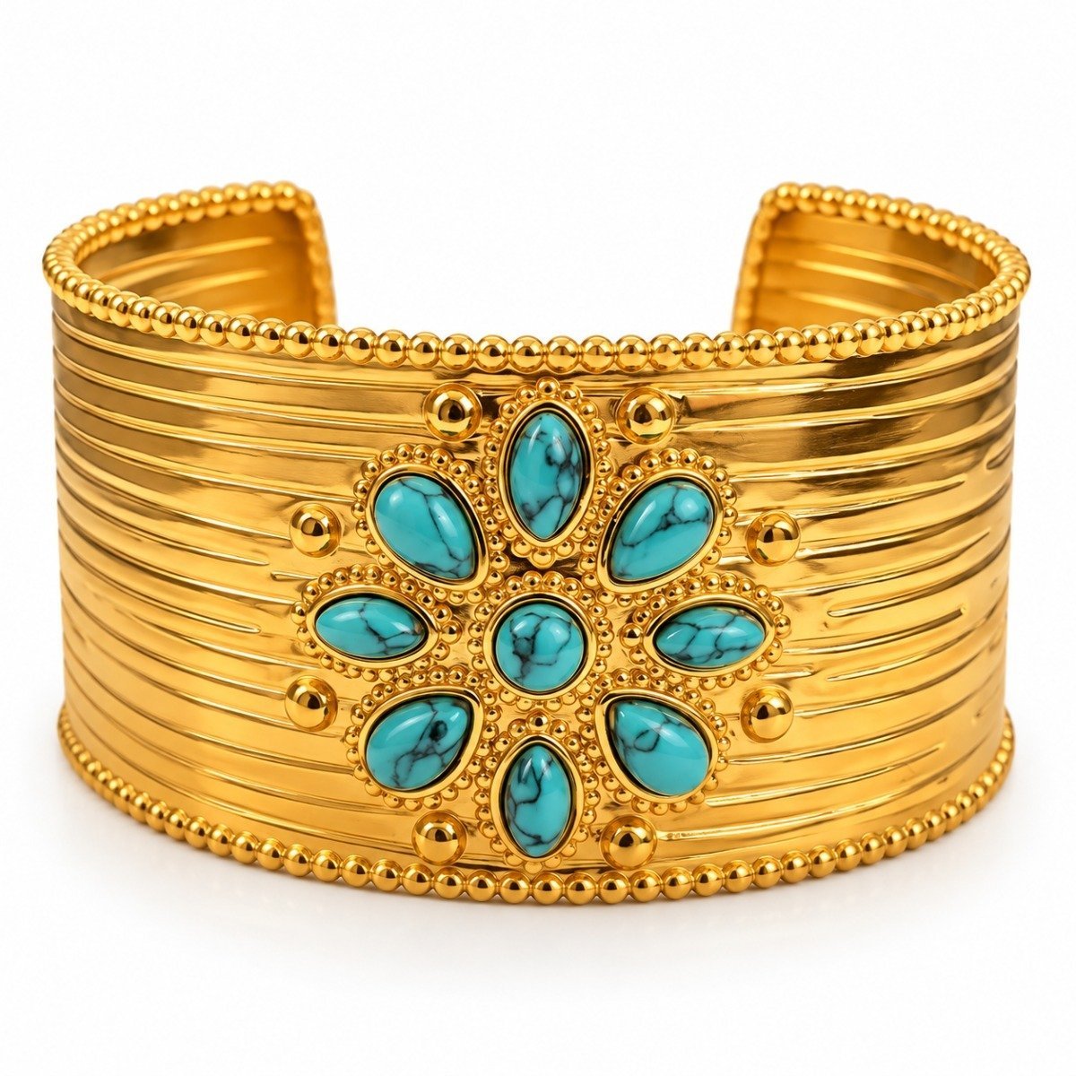 Brazalete dorado ancho con flor azul turquesa