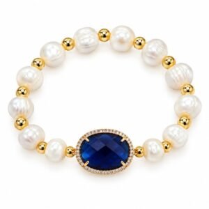 Pulsera perlada con dije ovalado azul y circonias