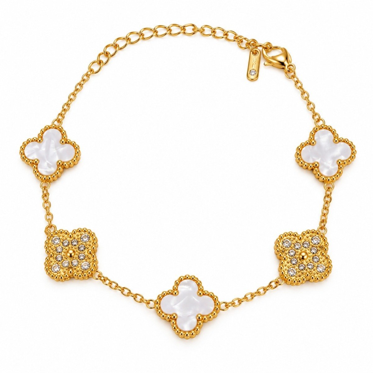 Pulsera dorada con tréboles blancos y circonias