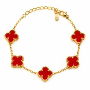 Pulsera dorada de cinco tréboles rojos